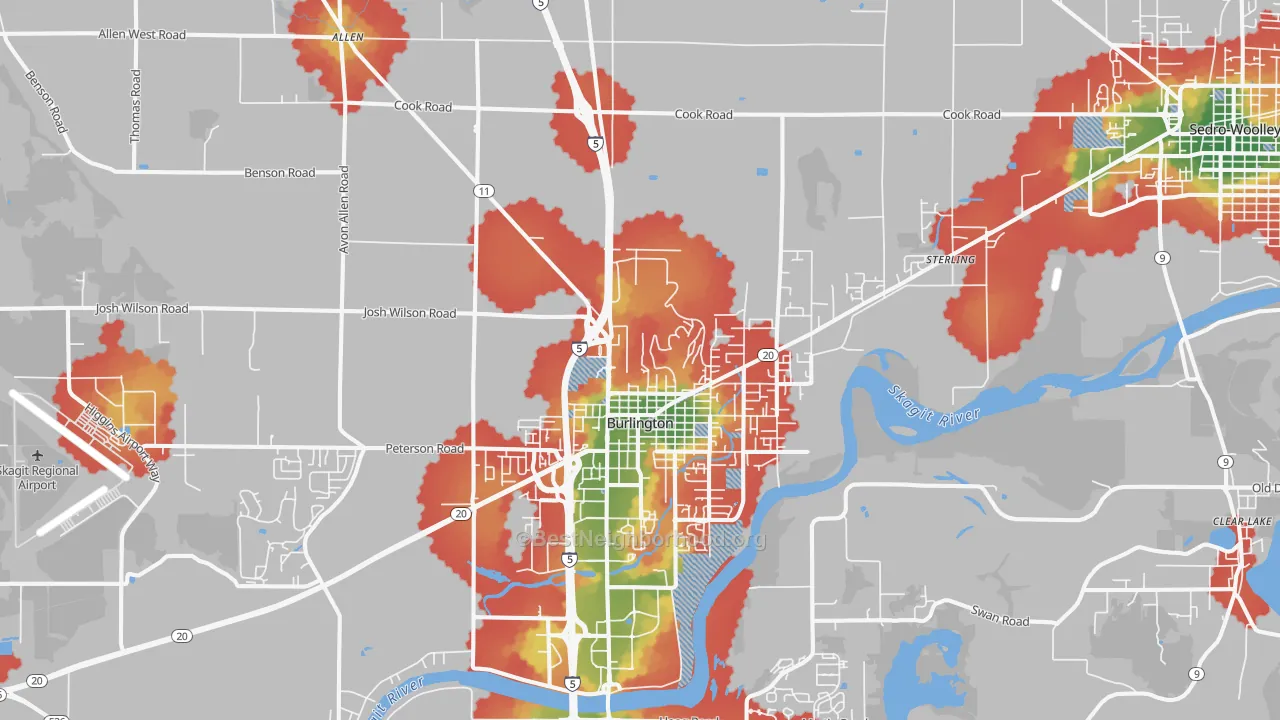 Walk Grade map of Burlington, WA, walkable areas in green and car-dependent areas in red