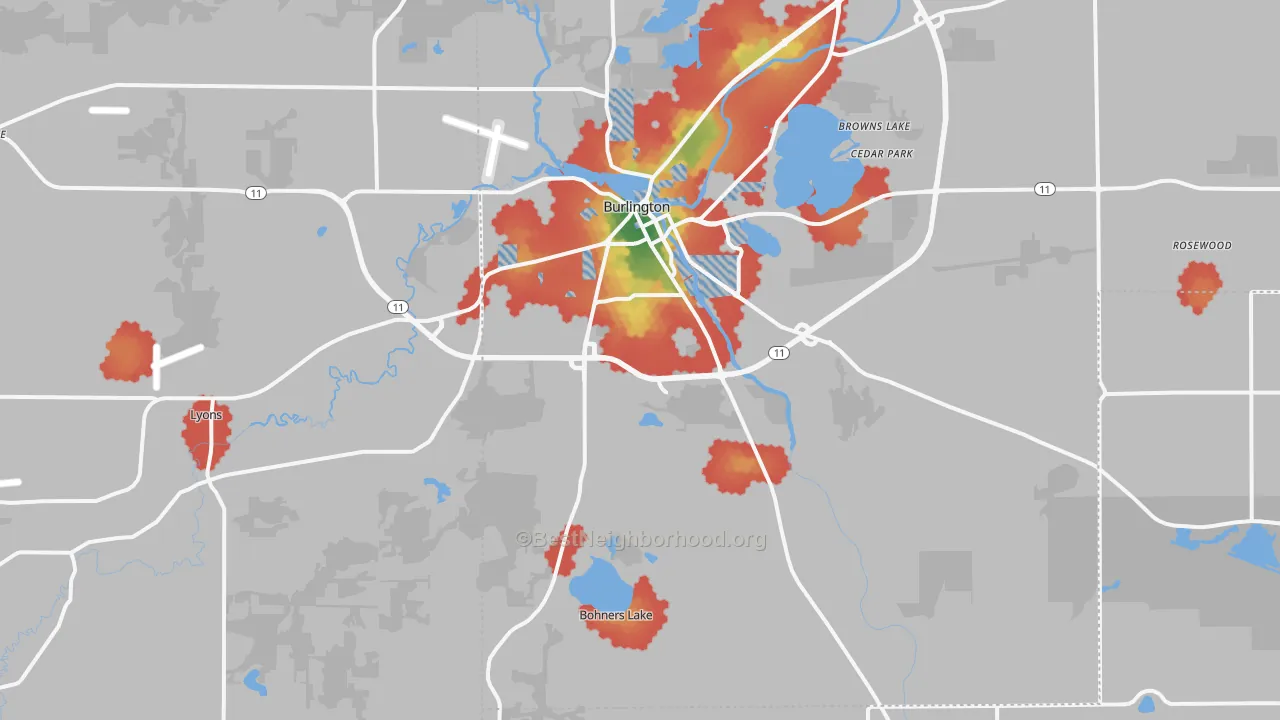 Walk Grade map of Burlington, WI, walkable areas in green and car-dependent areas in red