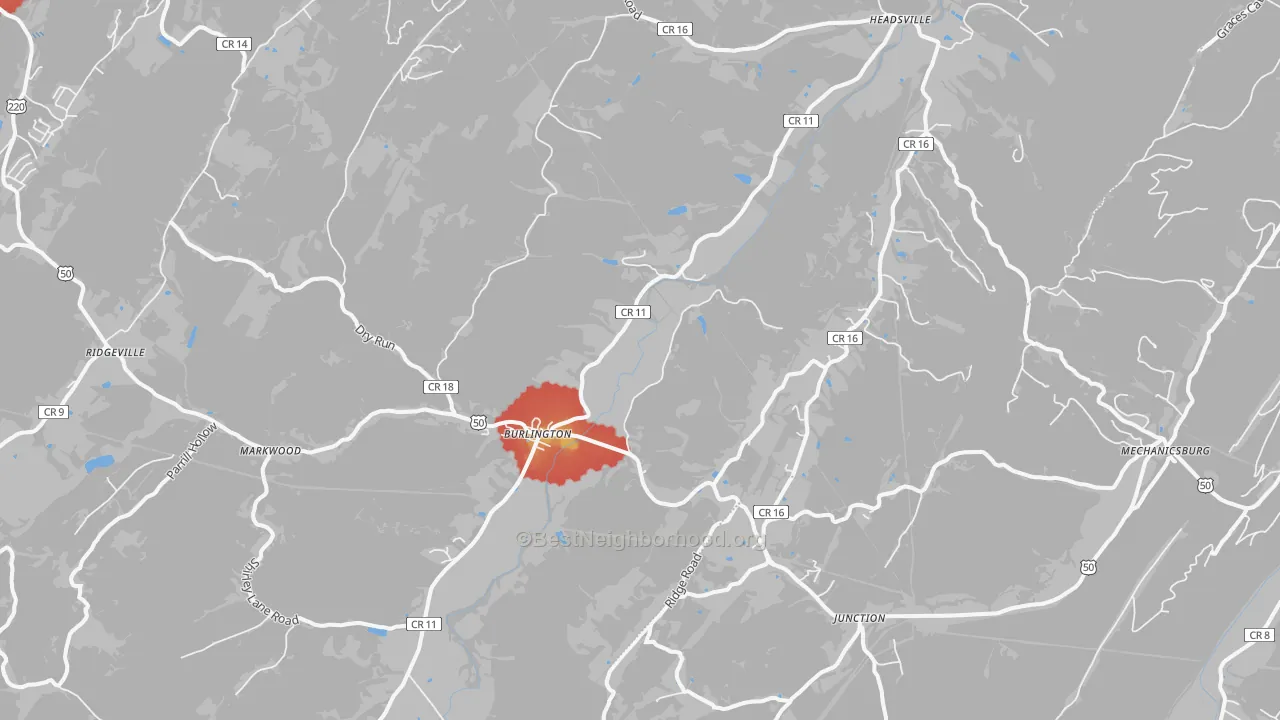 Walk Grade map of Burlington, WV, walkable areas in green and car-dependent areas in red