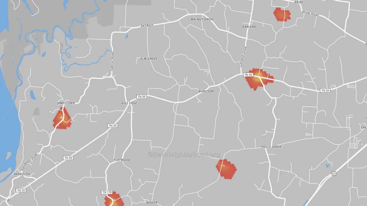 Walk Grade map of Burlison, TN, walkable areas in green and car-dependent areas in red