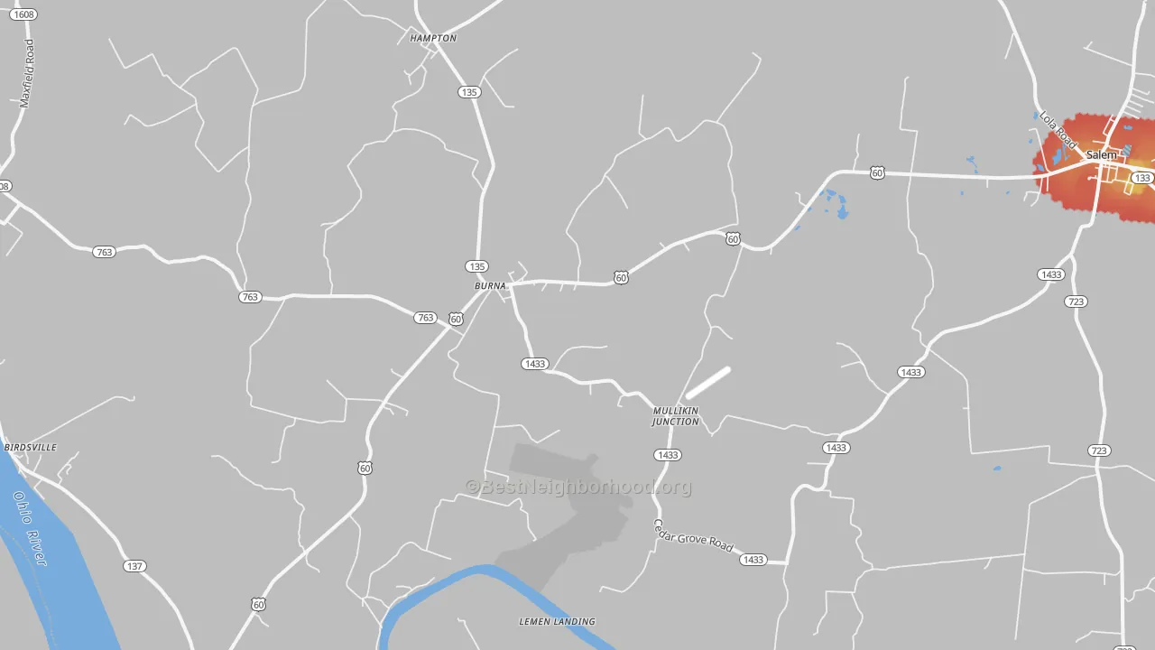 Walk Grade map of Burna, KY, walkable areas in green and car-dependent areas in red