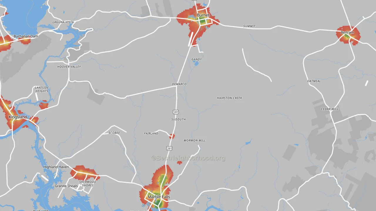 Walk Grade map of Burnet County, TX, walkable areas in green and car-dependent areas in red