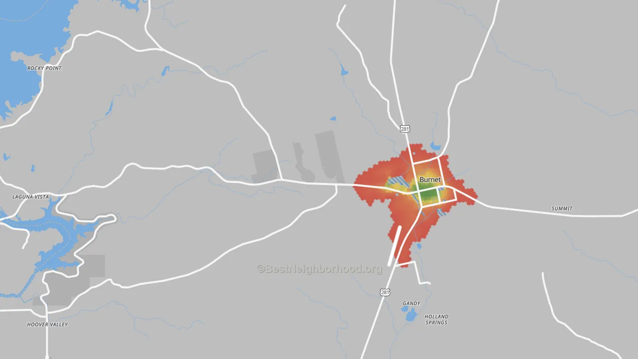 Walk Grade map of Burnet, TX, walkable areas in green and car-dependent areas in red