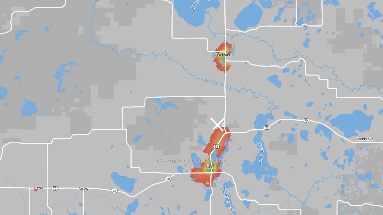 Walk Grade map of Burnett County, WI, walkable areas in green and car-dependent areas in red
