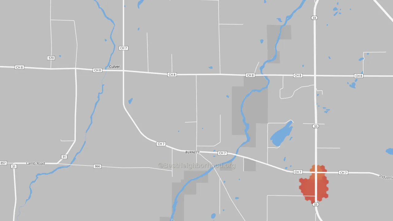 Walk Grade map of Burnett, MN, walkable areas in green and car-dependent areas in red