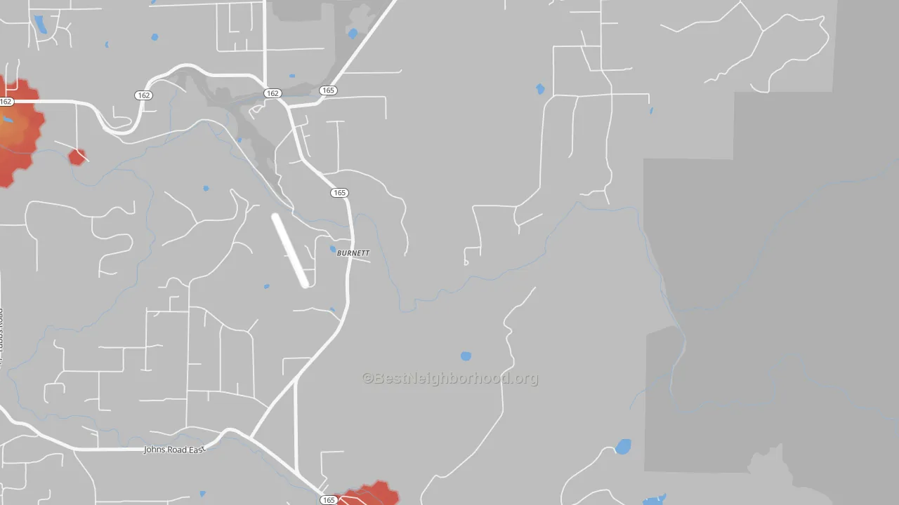 Walk Grade map of Burnett, WA, walkable areas in green and car-dependent areas in red