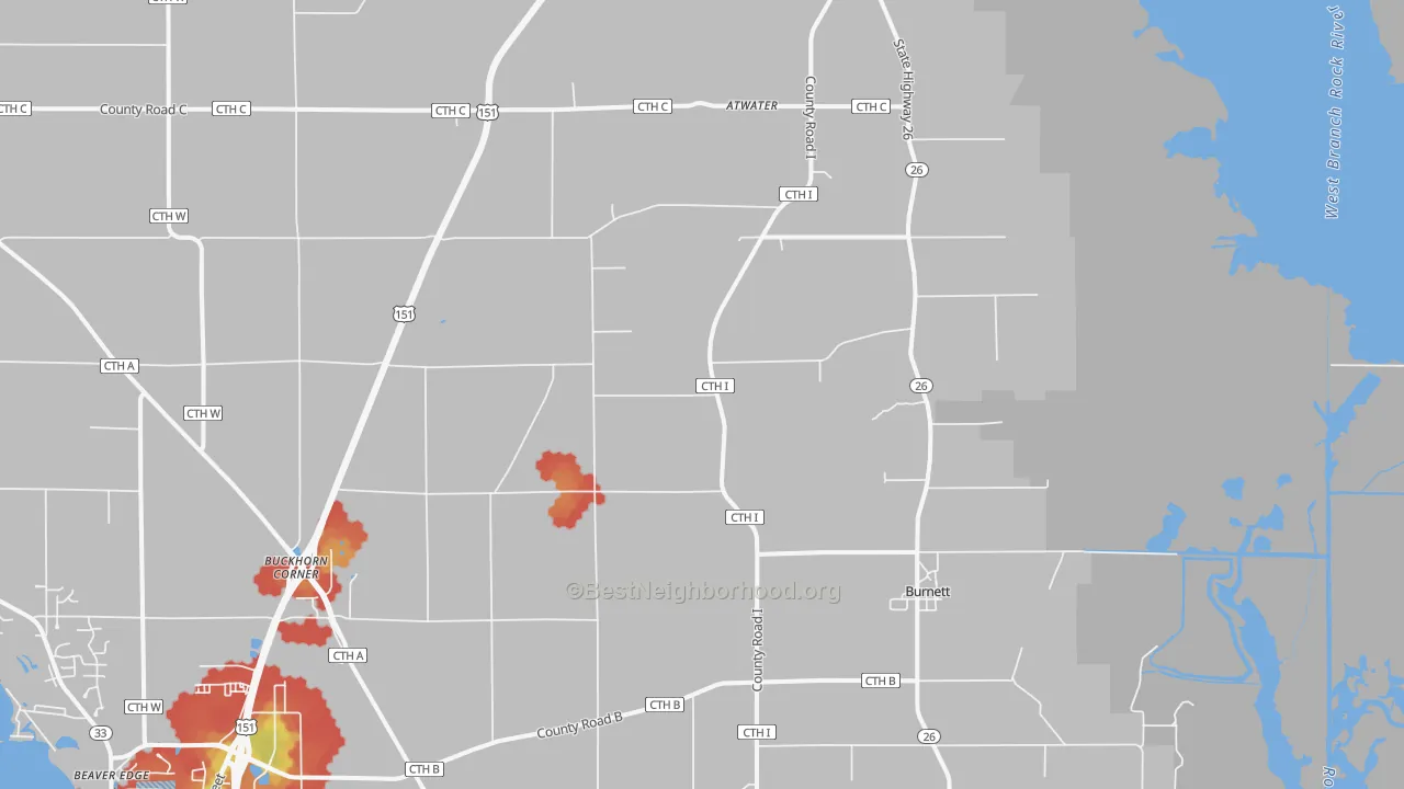 Walk Grade map of Burnett, WI, walkable areas in green and car-dependent areas in red