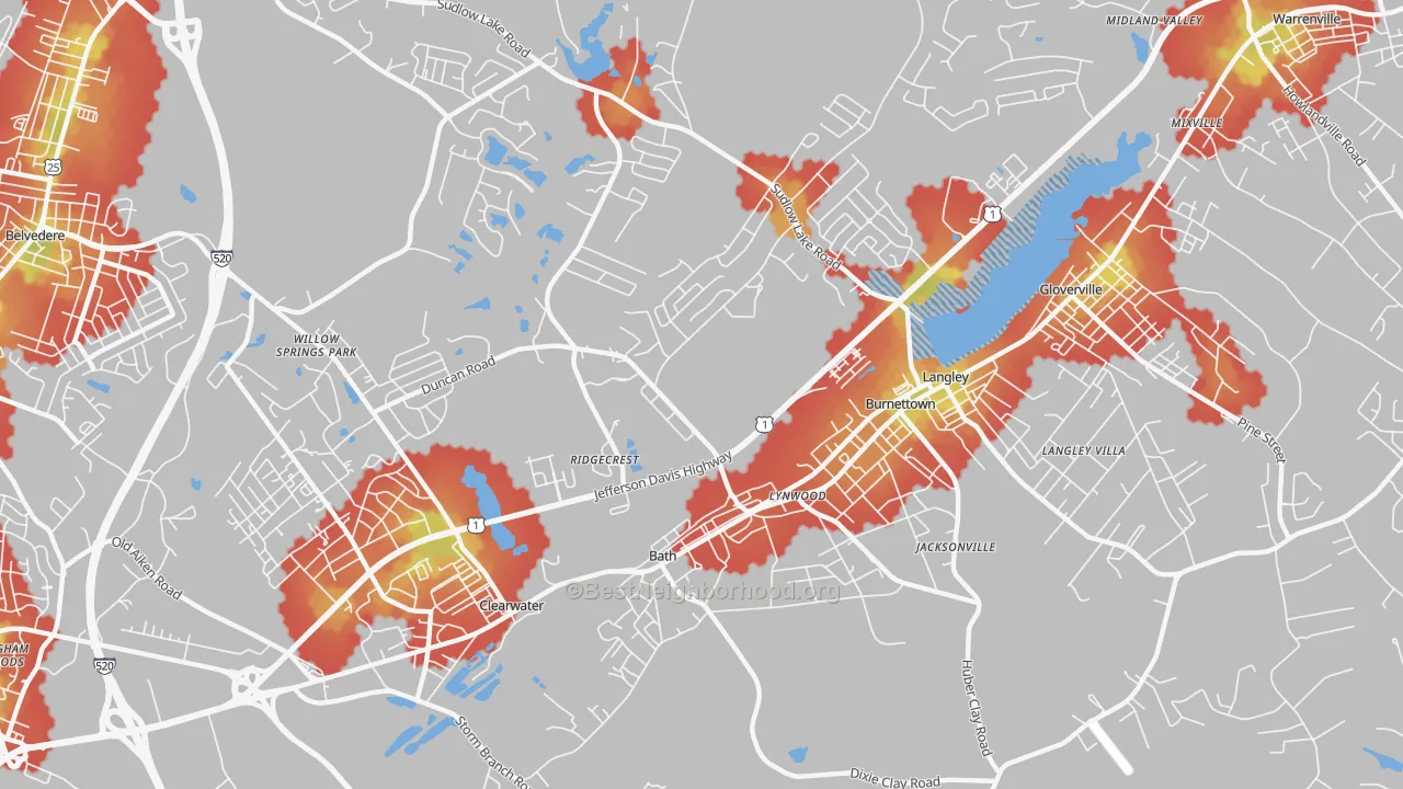 Walk Grade map of Burnettown, SC, walkable areas in green and car-dependent areas in red