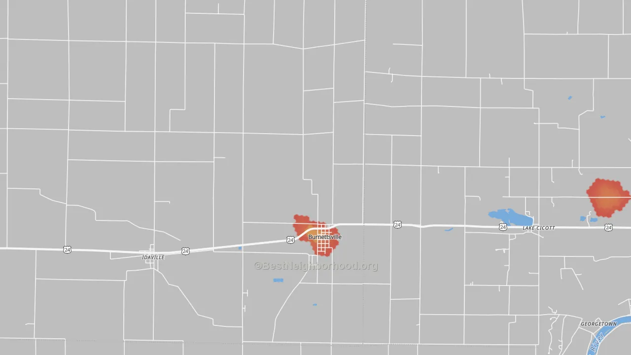 Walk Grade map of Burnettsville, IN, walkable areas in green and car-dependent areas in red