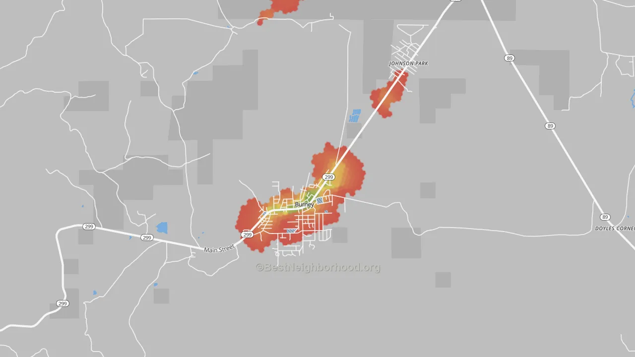 Walk Grade map of Burney, CA, walkable areas in green and car-dependent areas in red