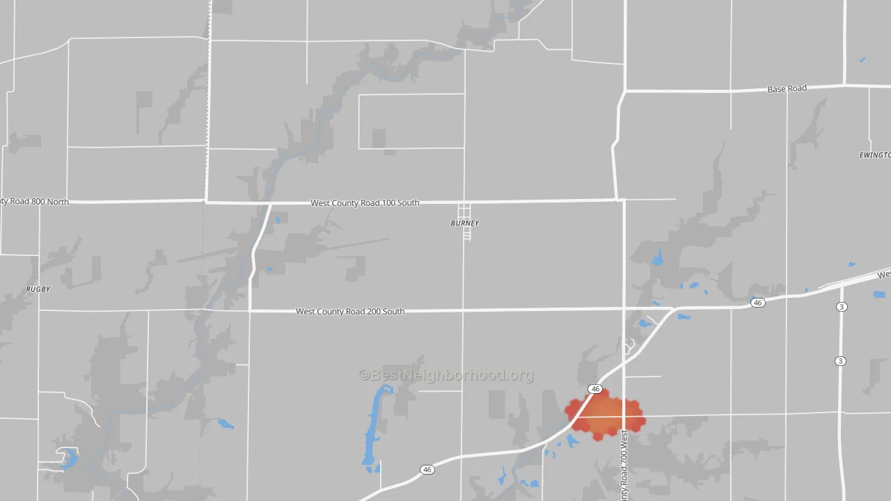 Walk Grade map of Burney, IN, walkable areas in green and car-dependent areas in red