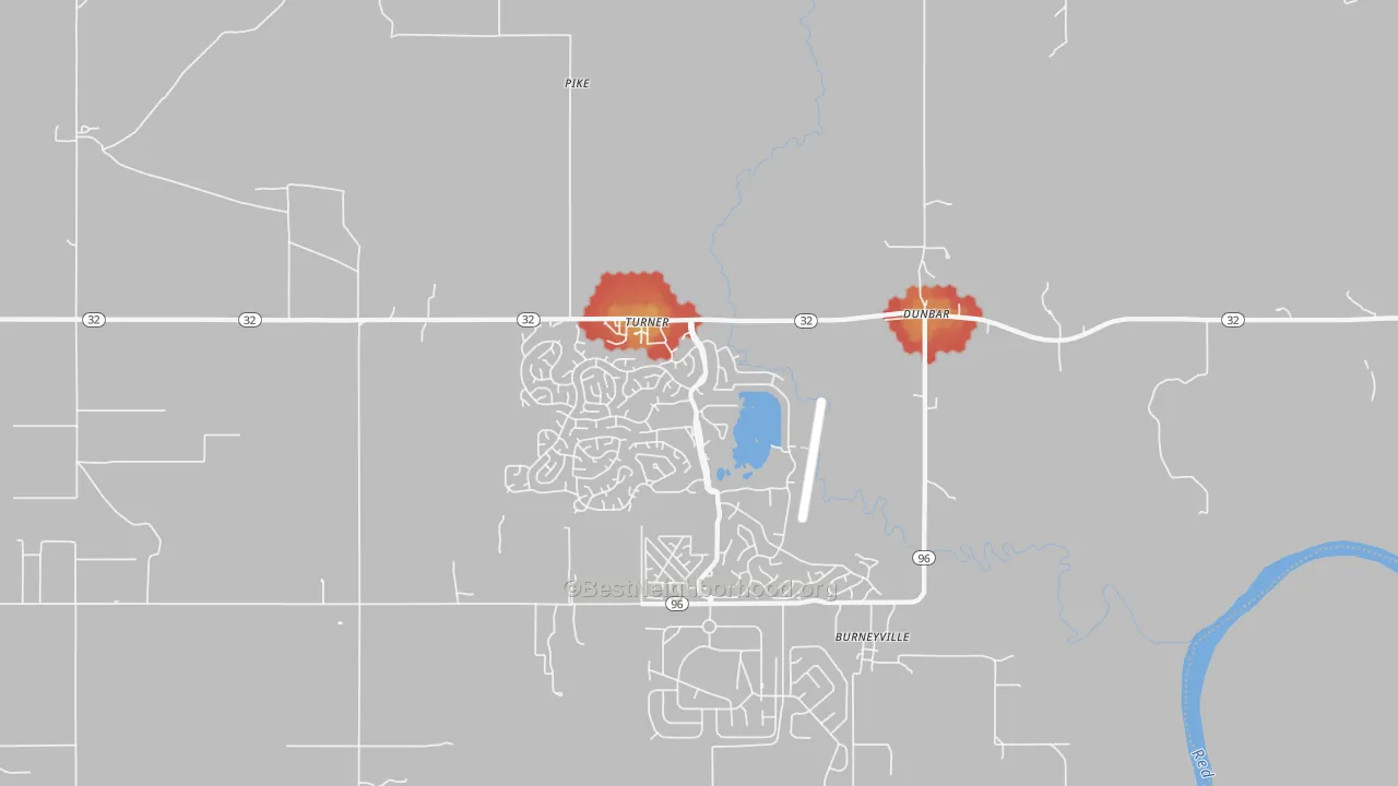 Walk Grade map of Burneyville, OK, walkable areas in green and car-dependent areas in red
