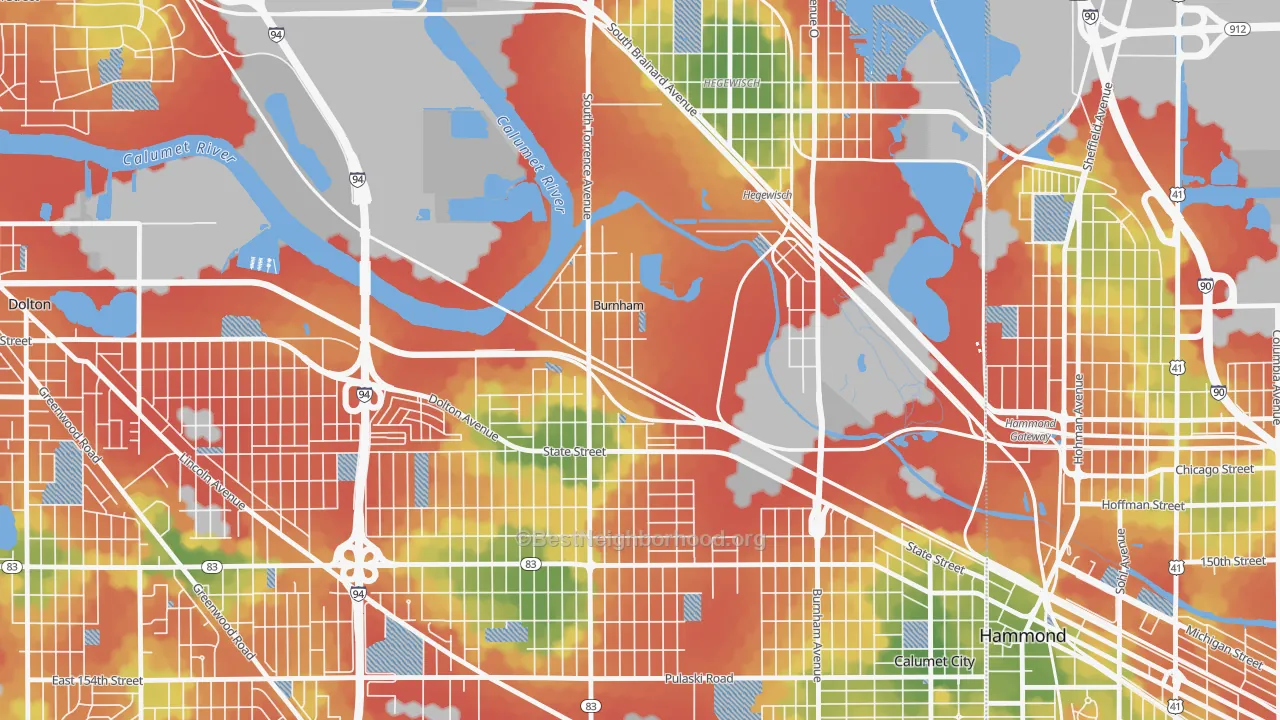 Walk Grade map of Burnham, IL, walkable areas in green and car-dependent areas in red