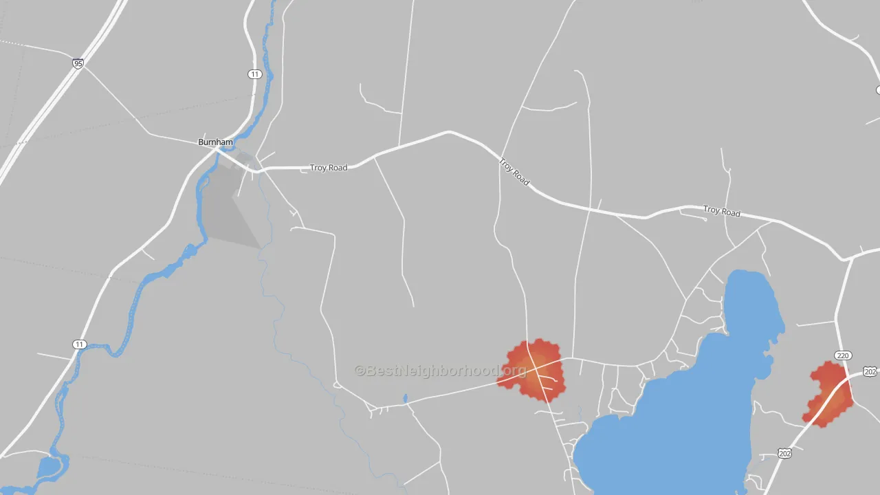 Walk Grade map of Burnham, ME, walkable areas in green and car-dependent areas in red