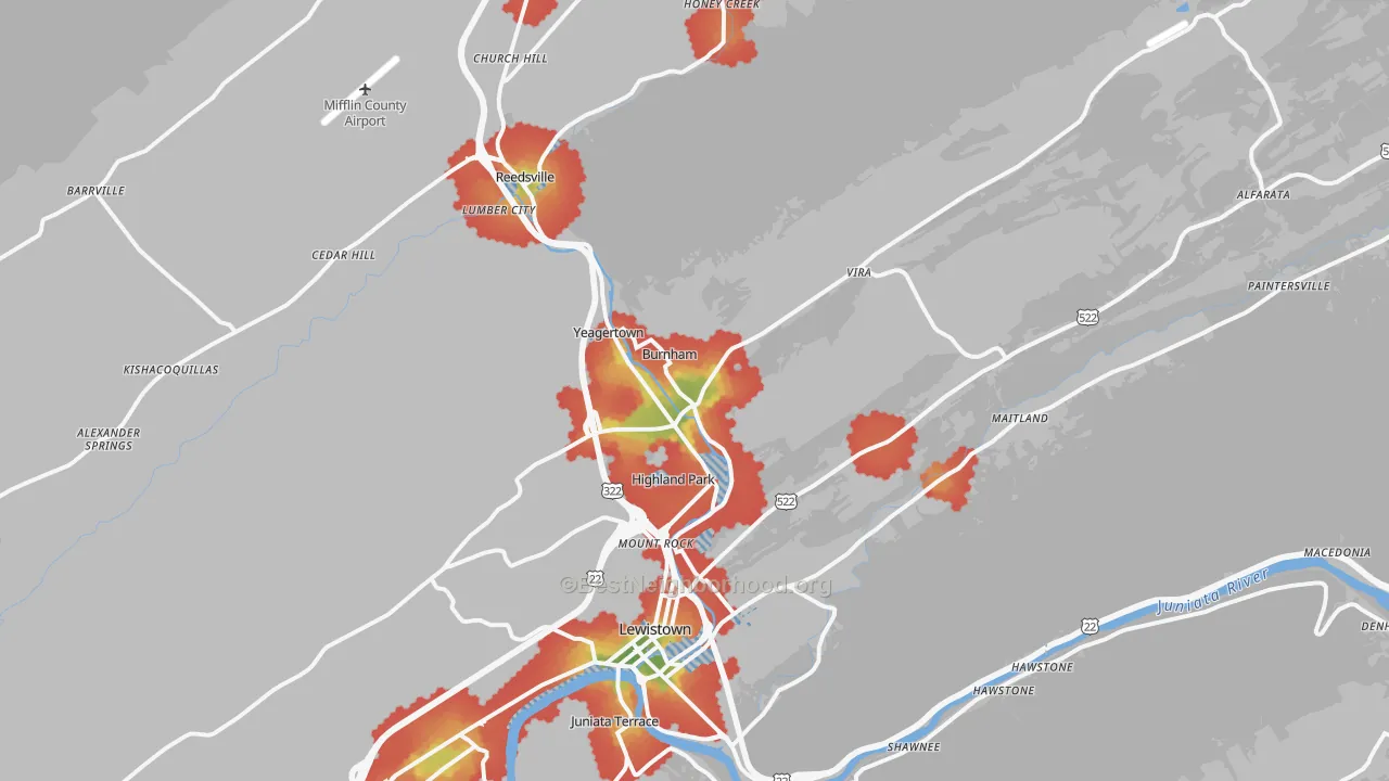 Walk Grade map of Burnham, PA, walkable areas in green and car-dependent areas in red