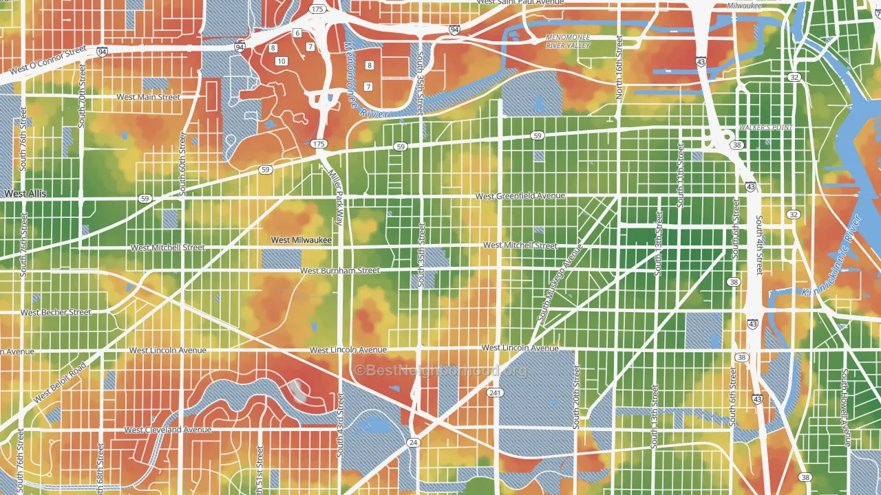 Walk Grade map of Burnham Park, Milwaukee, WI, walkable areas in green and car-dependent areas in red
