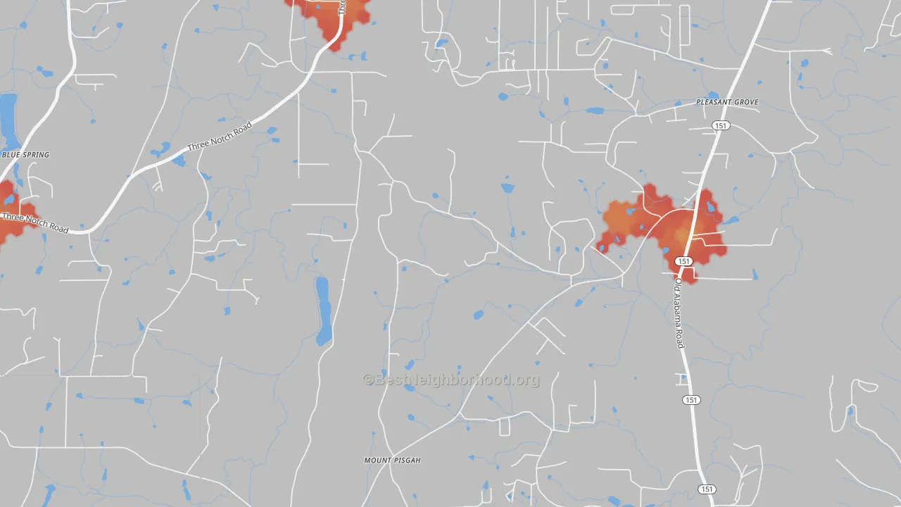 Walk Grade map of Burning Bush, GA, walkable areas in green and car-dependent areas in red