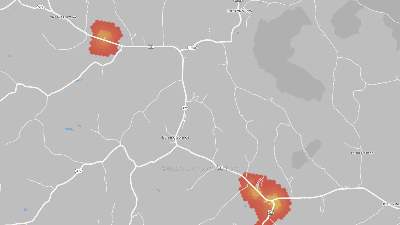 Walk Grade map of Burning Springs, KY, walkable areas in green and car-dependent areas in red