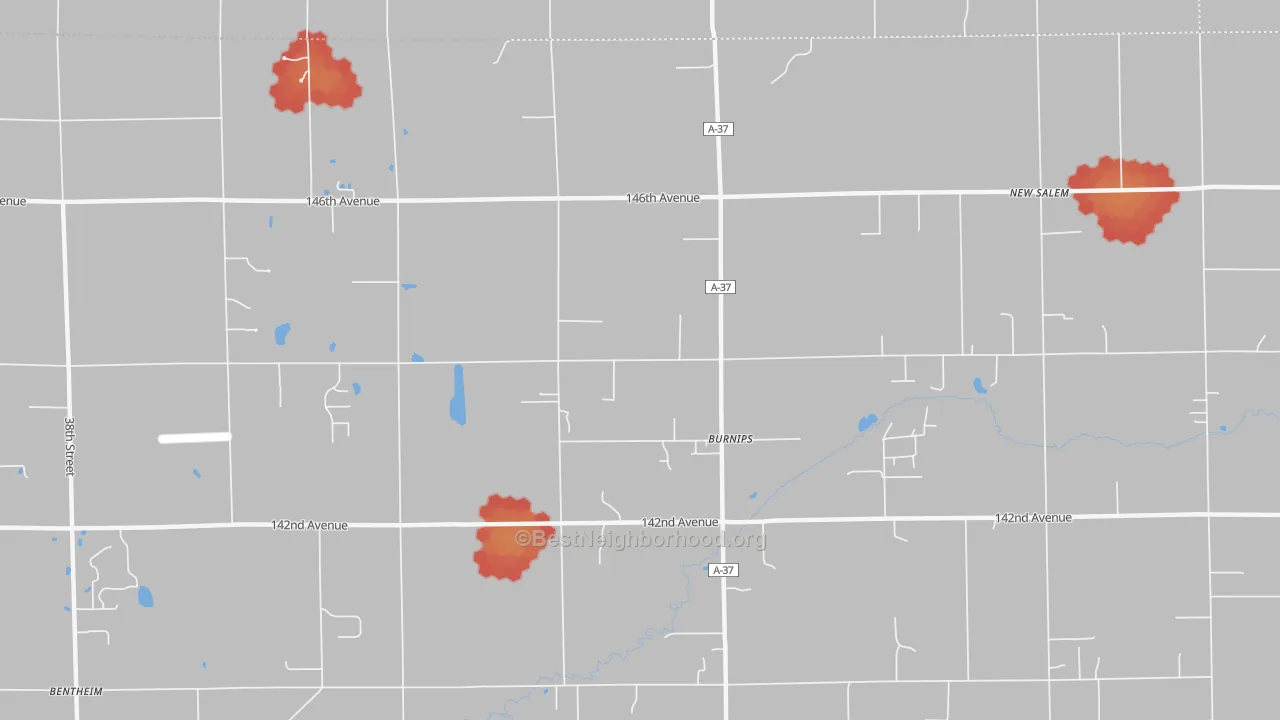 Walk Grade map of Burnips, MI, walkable areas in green and car-dependent areas in red