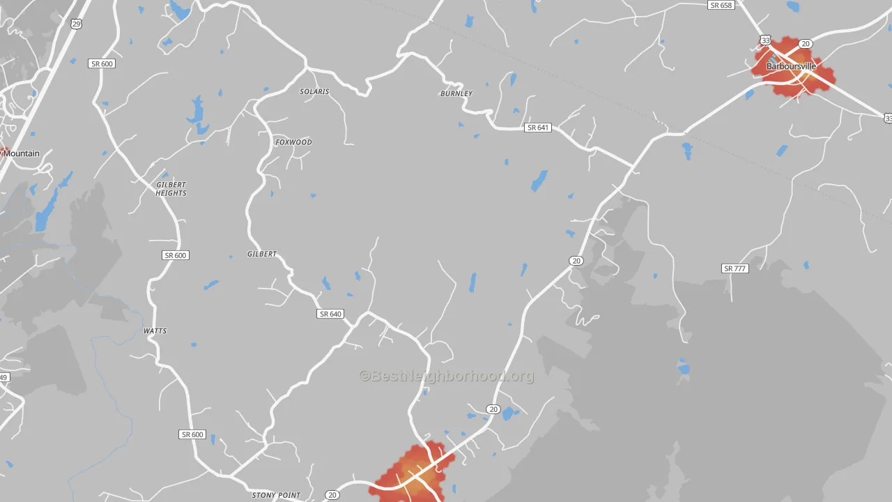 Walk Grade map of Burnley, VA, walkable areas in green and car-dependent areas in red