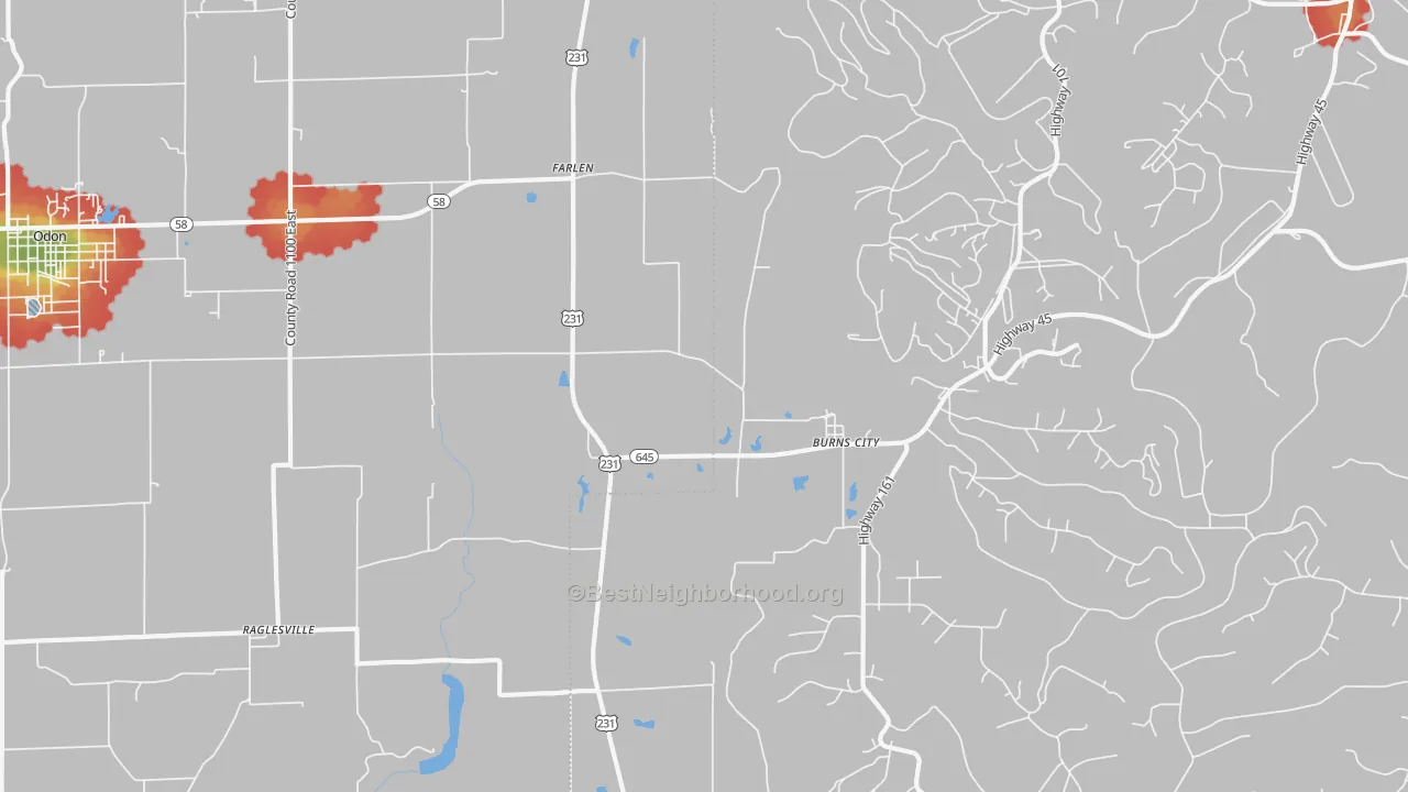 Walk Grade map of Burns City, IN, walkable areas in green and car-dependent areas in red