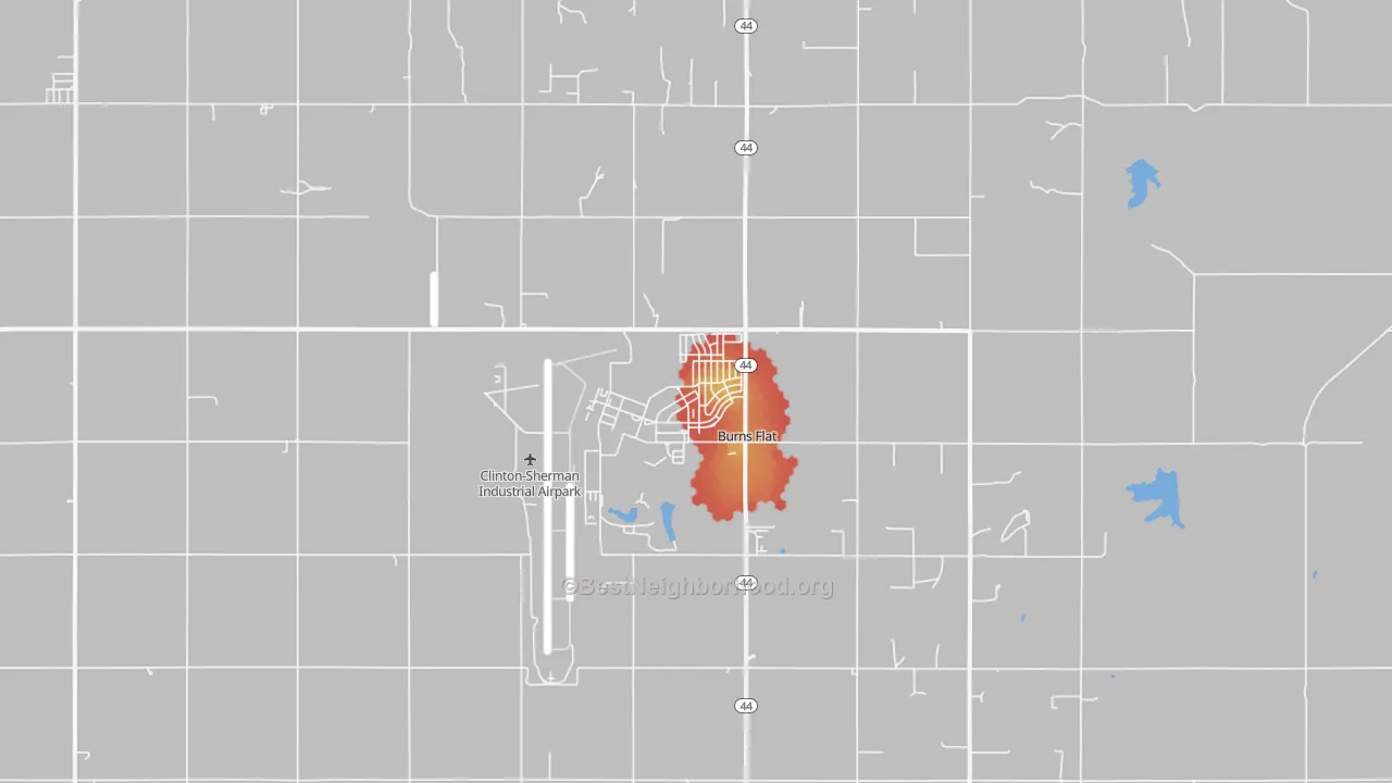 Walk Grade map of Burns Flat, OK, walkable areas in green and car-dependent areas in red