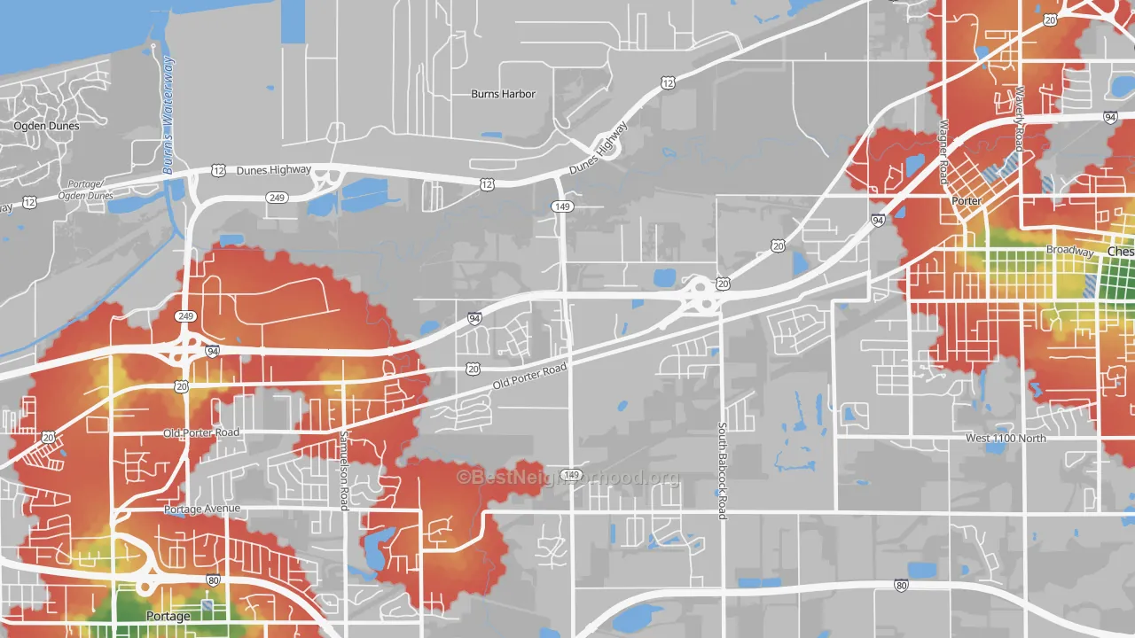 Walk Grade map of Burns Harbor, IN, walkable areas in green and car-dependent areas in red