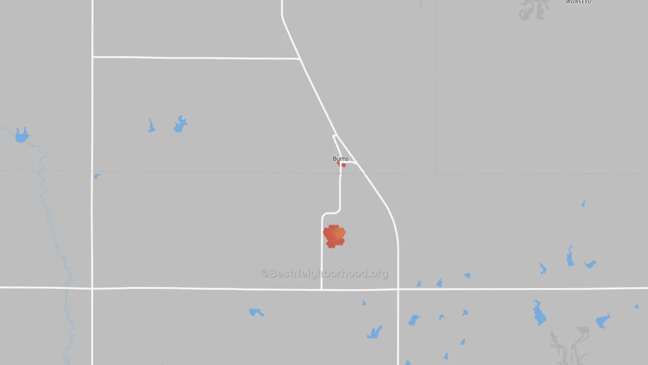 Walk Grade map of Burns, KS, walkable areas in green and car-dependent areas in red