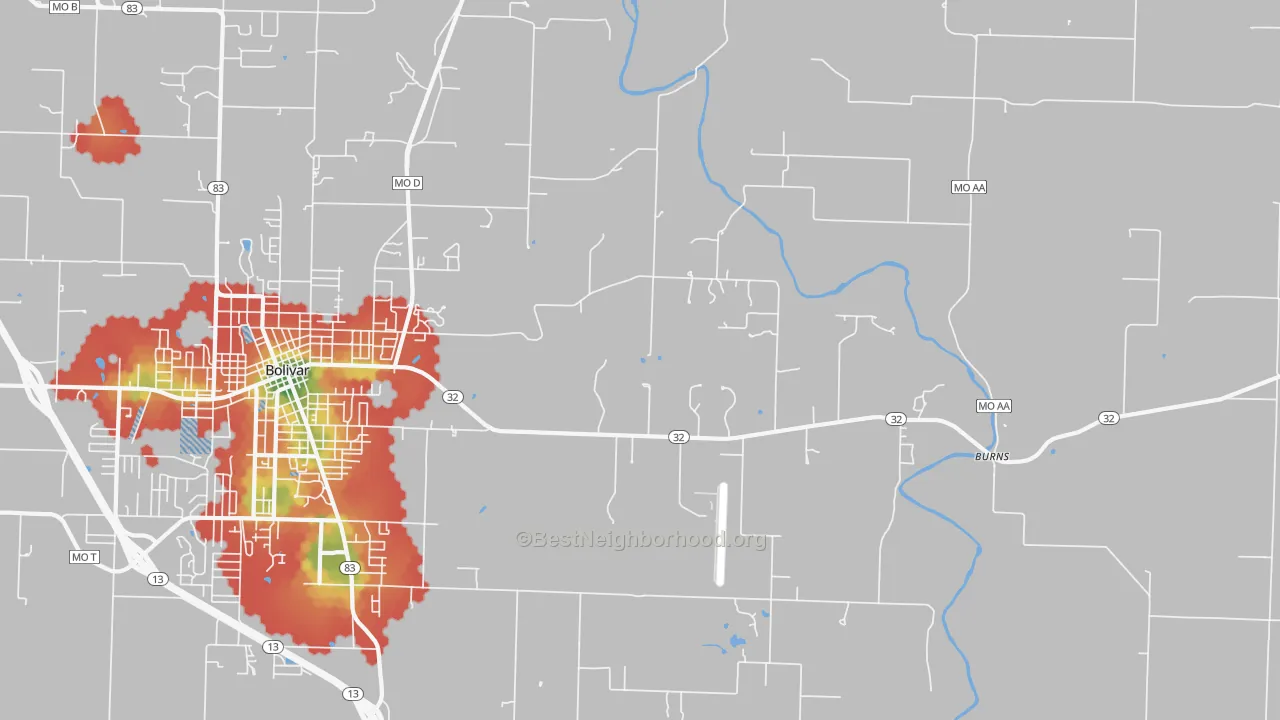 Walk Grade map of Burns, MO, walkable areas in green and car-dependent areas in red