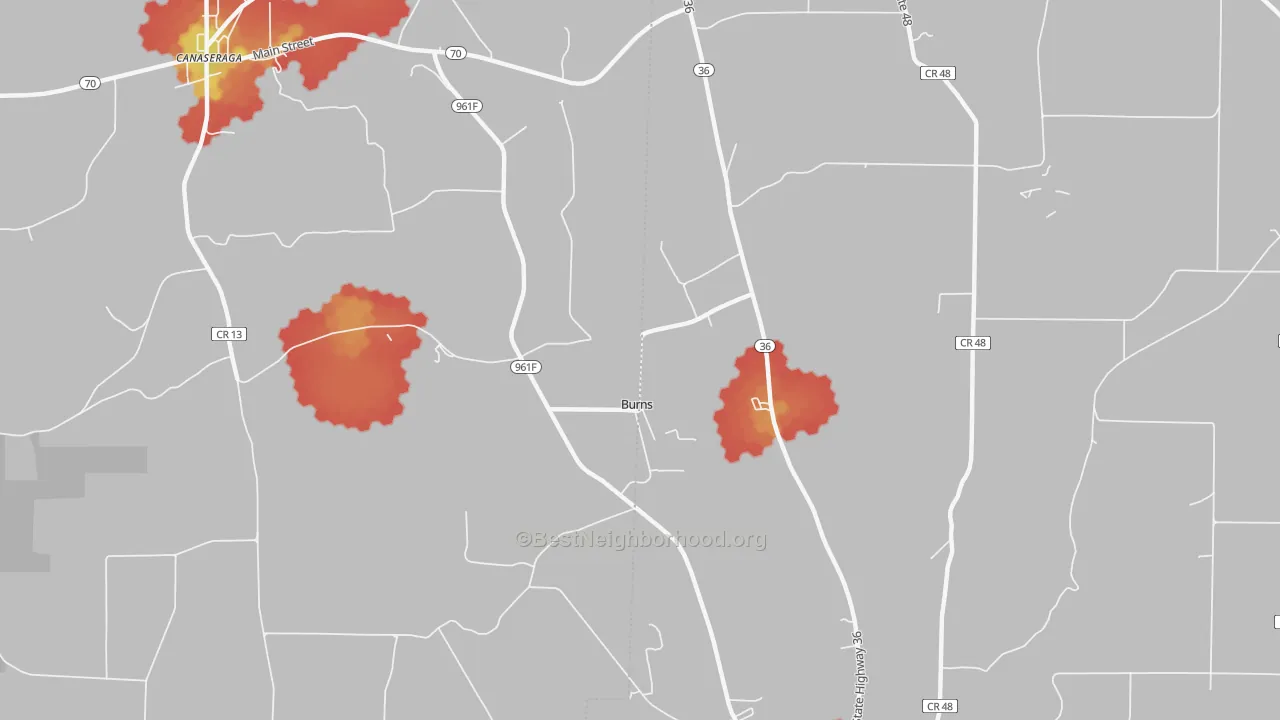 Walk Grade map of Burns, NY, walkable areas in green and car-dependent areas in red