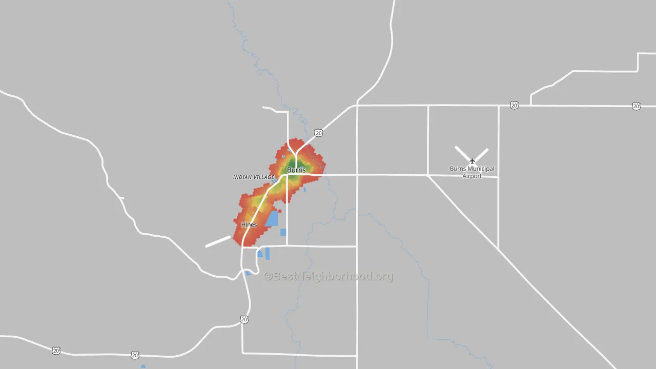 Walk Grade map of Burns, OR, walkable areas in green and car-dependent areas in red