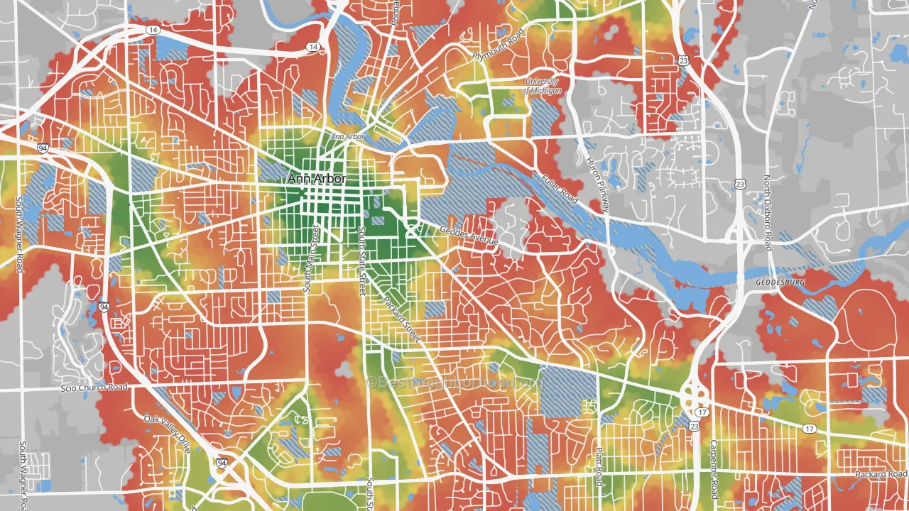 Walk Grade map of Burns Park, Ann Arbor, MI, walkable areas in green and car-dependent areas in red