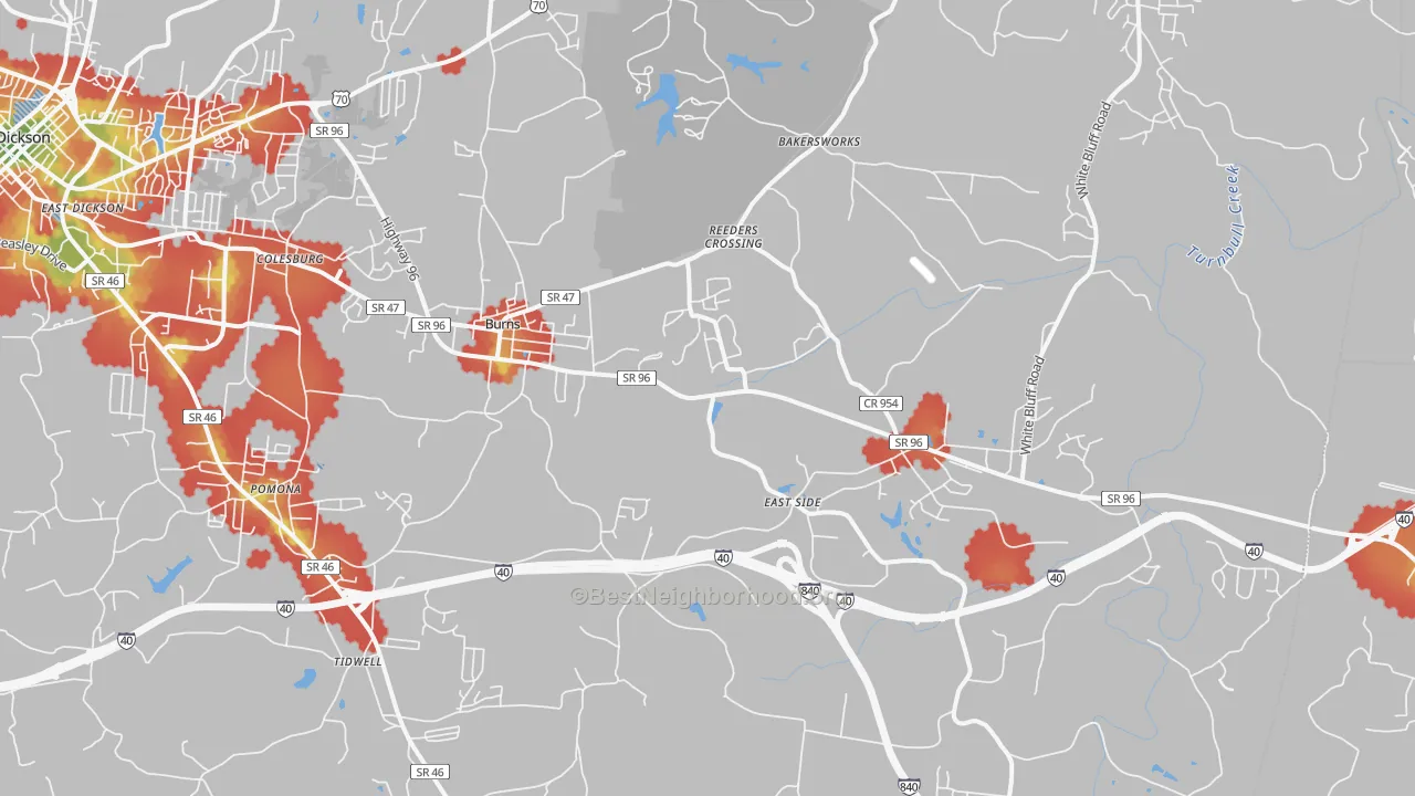 Walk Grade map of Burns, TN, walkable areas in green and car-dependent areas in red