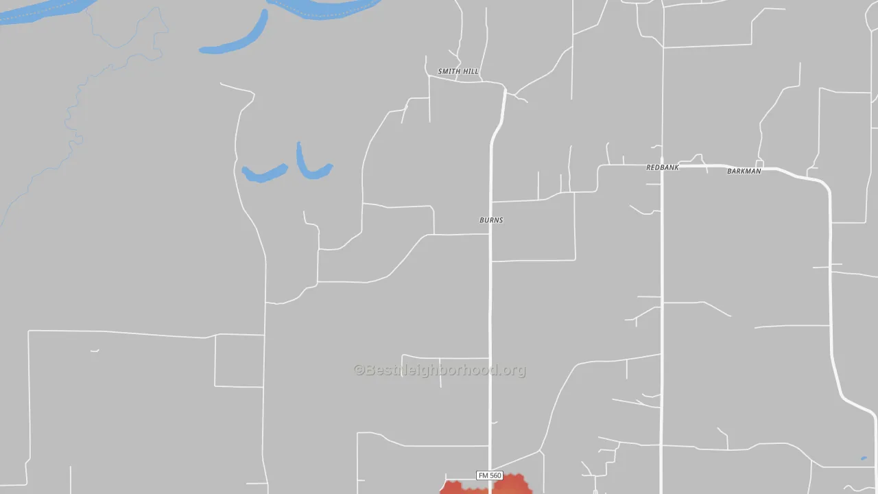 Walk Grade map of Burns, TX, walkable areas in green and car-dependent areas in red