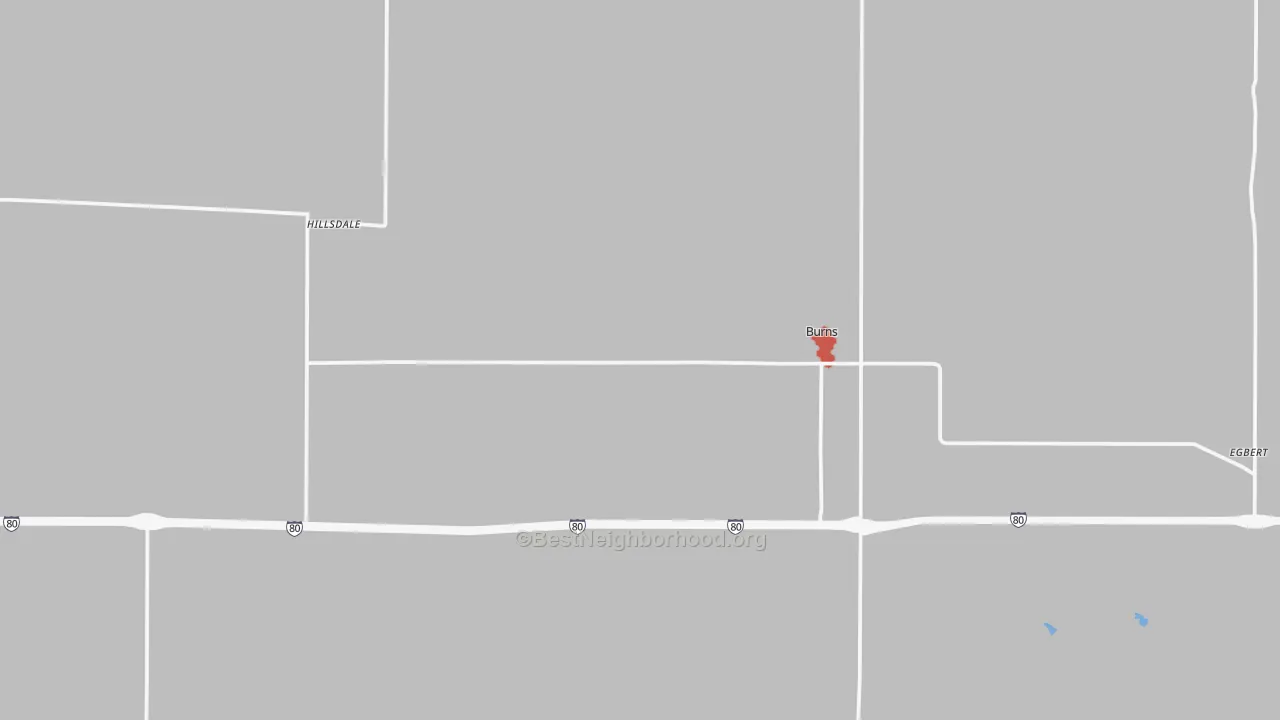Walk Grade map of Burns, WY, walkable areas in green and car-dependent areas in red