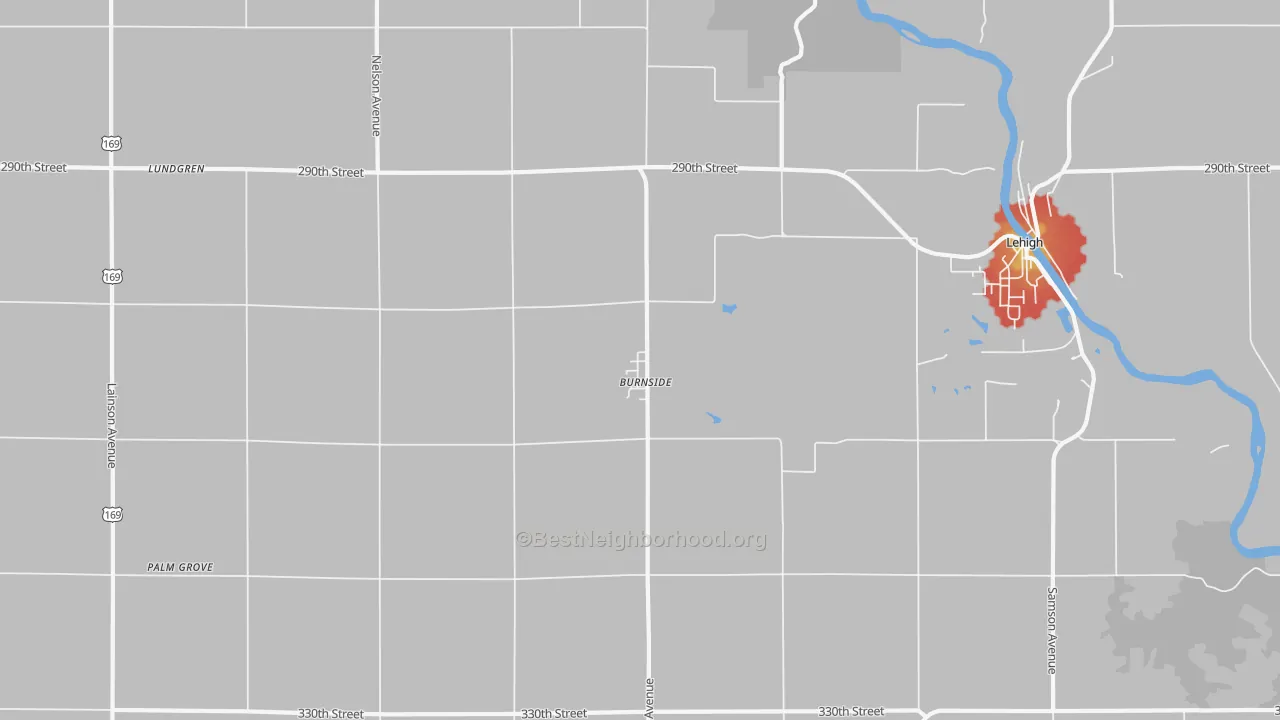 Walk Grade map of Burnside, IA, walkable areas in green and car-dependent areas in red
