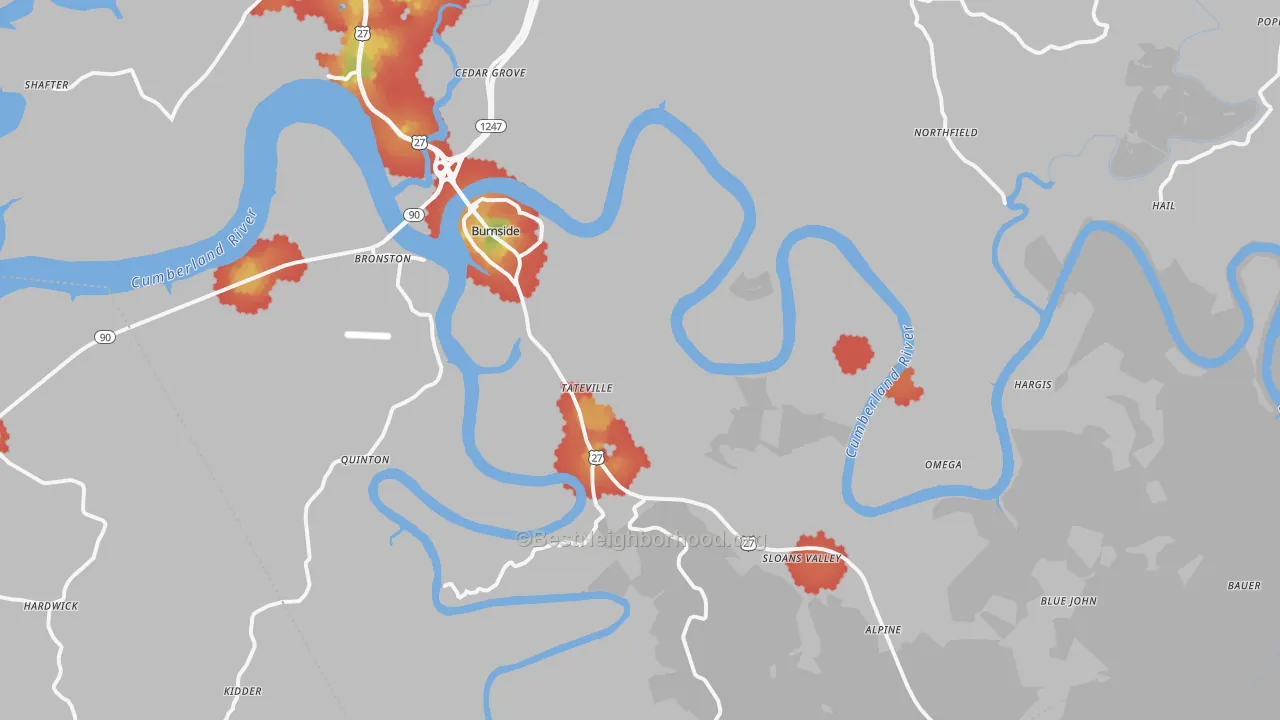 Walk Grade map of Burnside, KY, walkable areas in green and car-dependent areas in red