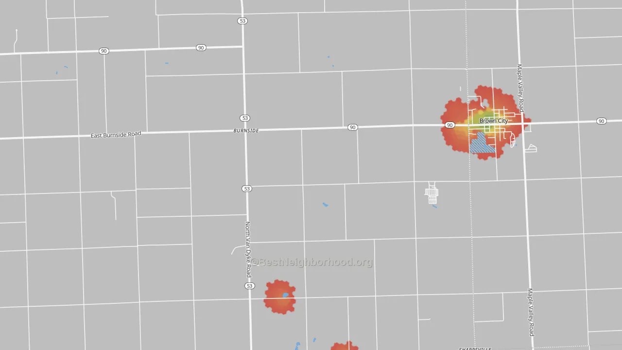 Walk Grade map of Burnside, MI, walkable areas in green and car-dependent areas in red