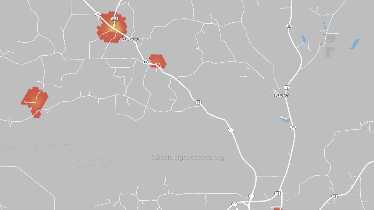 Walk Grade map of Burnside, MS, walkable areas in green and car-dependent areas in red