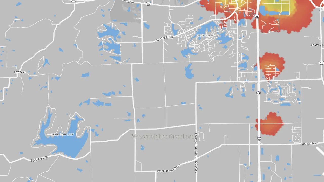 Walk Grade map of Burnsville, IN, walkable areas in green and car-dependent areas in red