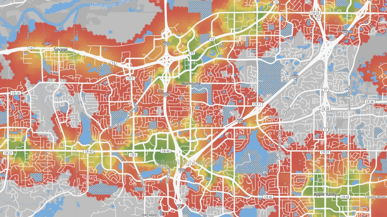 Walk Grade map of Burnsville, MN, walkable areas in green and car-dependent areas in red