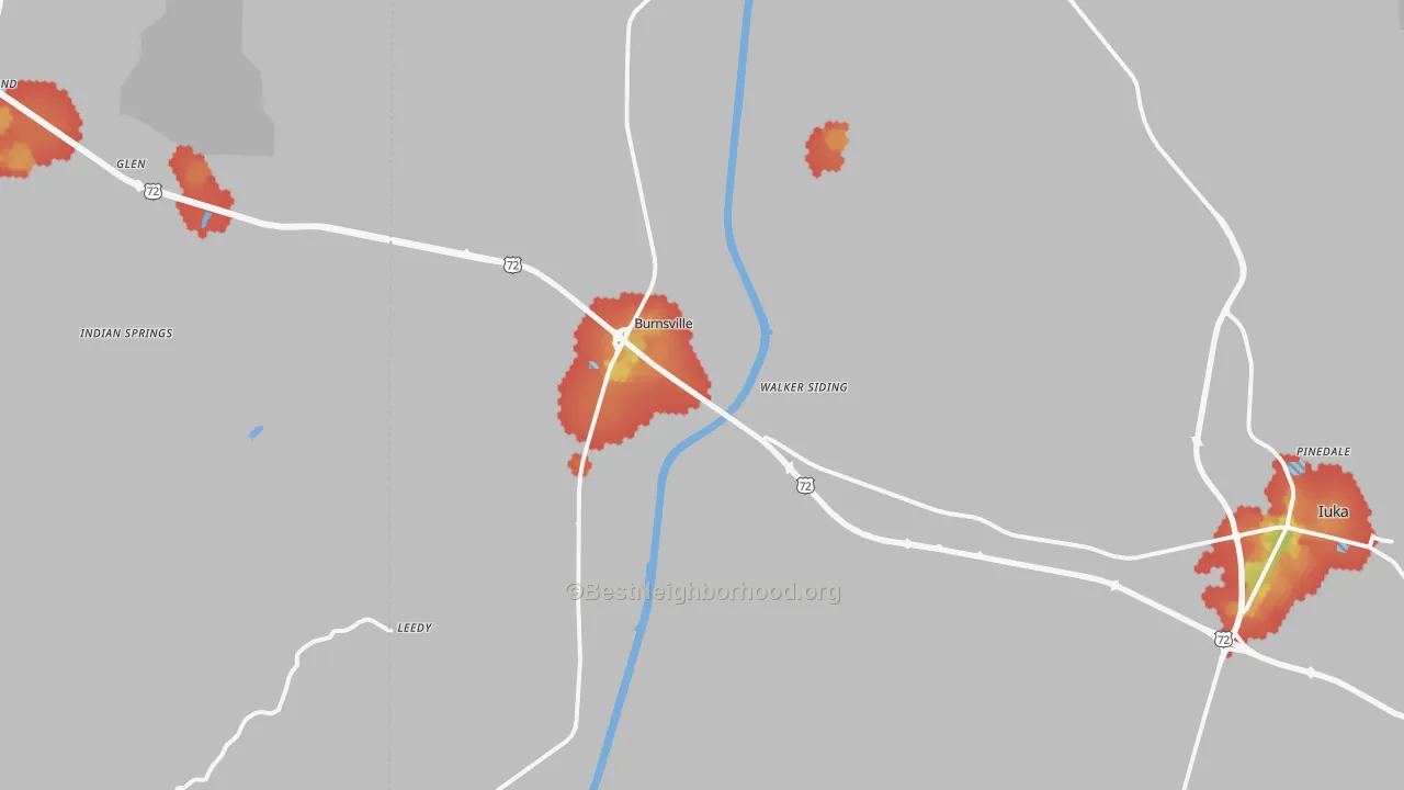Walk Grade map of Burnsville, MS, walkable areas in green and car-dependent areas in red
