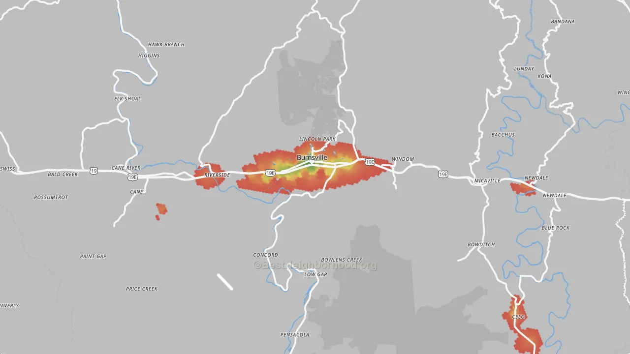 Walk Grade map of Burnsville, NC, walkable areas in green and car-dependent areas in red