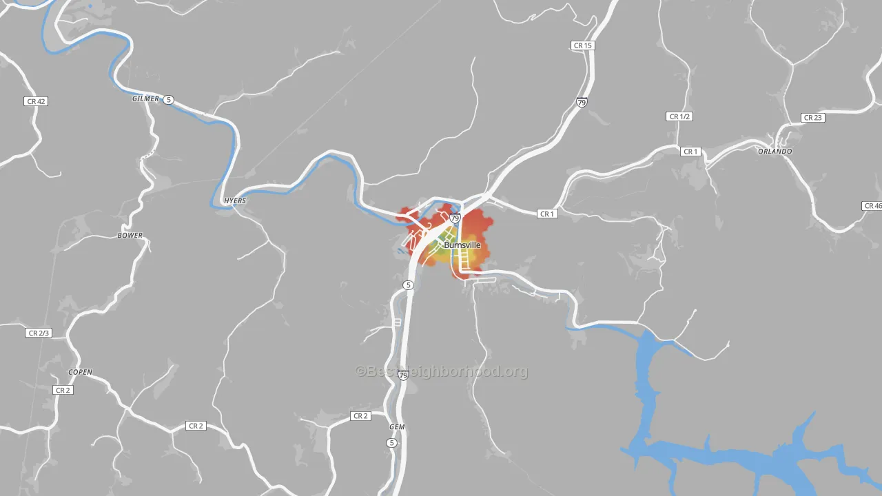 Walk Grade map of Burnsville, WV, walkable areas in green and car-dependent areas in red