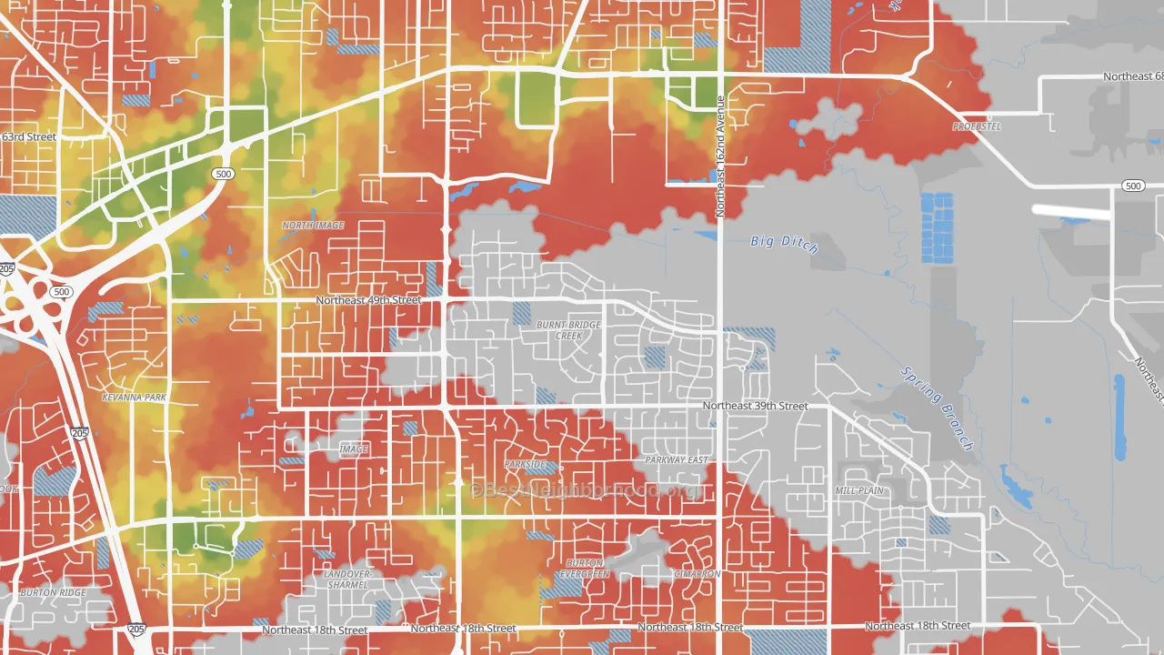 Walk Grade map of Burnt Bridge Creek, Vancouver, WA, walkable areas in green and car-dependent areas in red