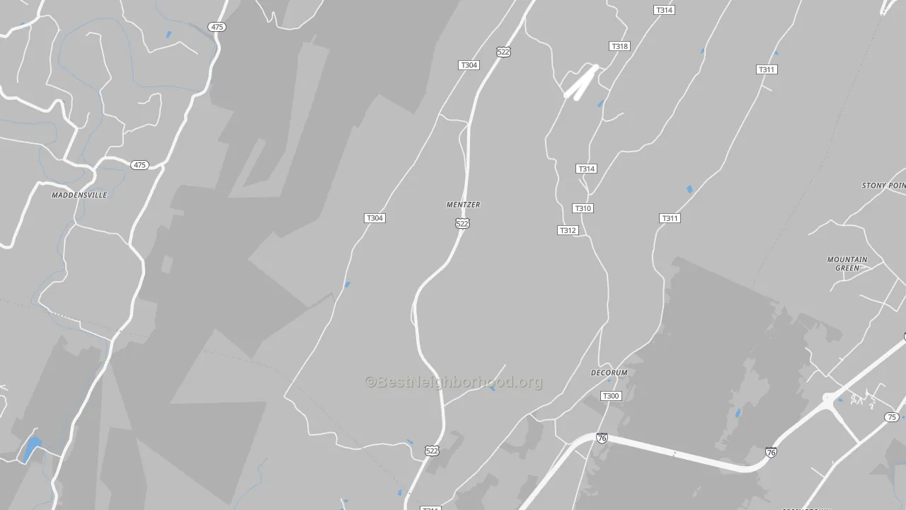 Walk Grade map of Burnt Cabins, PA, walkable areas in green and car-dependent areas in red