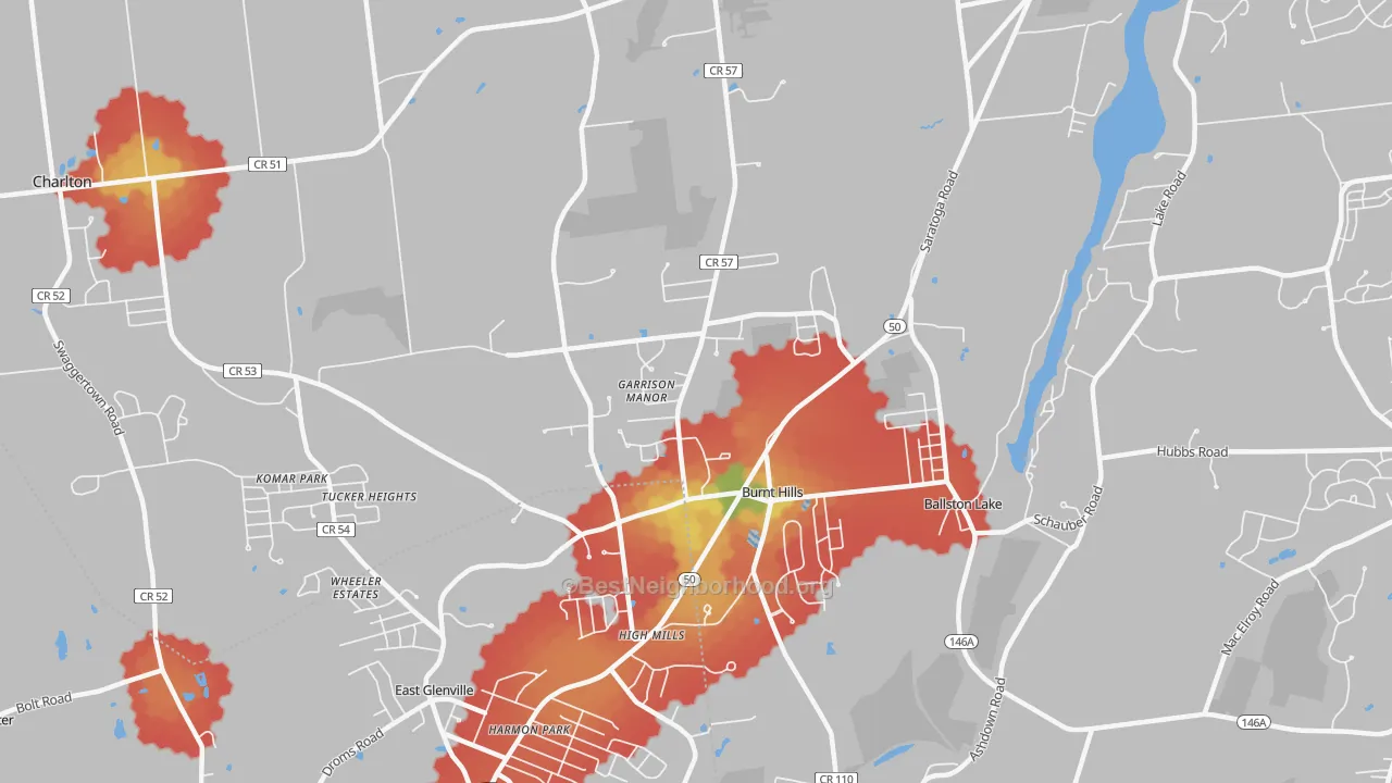 Walk Grade map of Burnt Hills, NY, walkable areas in green and car-dependent areas in red