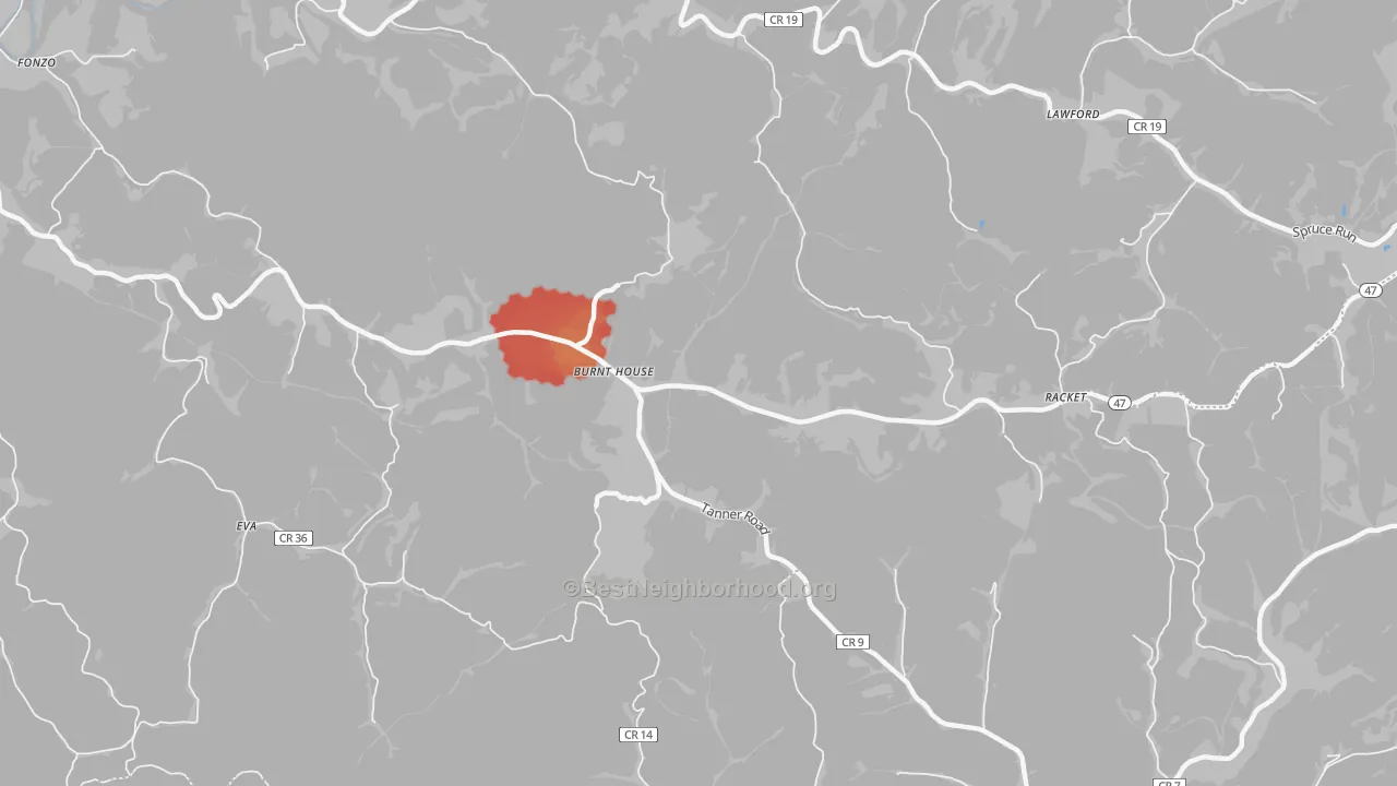 Walk Grade map of Burnt House, WV, walkable areas in green and car-dependent areas in red