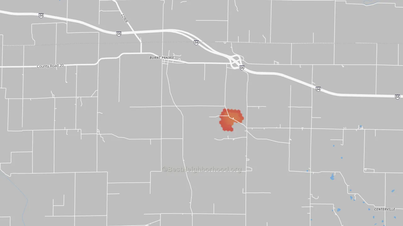 Walk Grade map of Burnt Prairie, IL, walkable areas in green and car-dependent areas in red