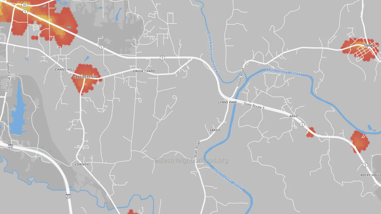 Walk Grade map of Burnwell, AL, walkable areas in green and car-dependent areas in red